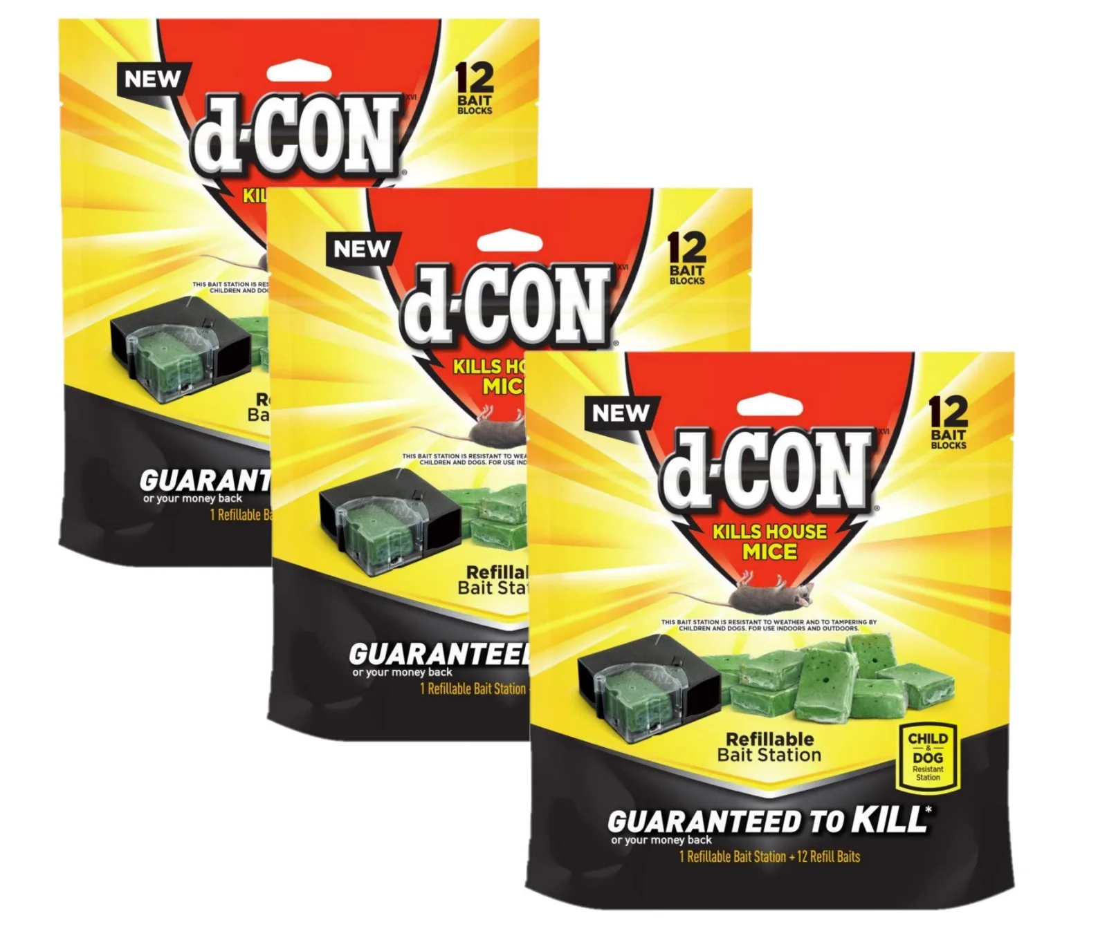 Three packs of the d-CON Corner Fit refillable station, each with a station and green refill blocks.