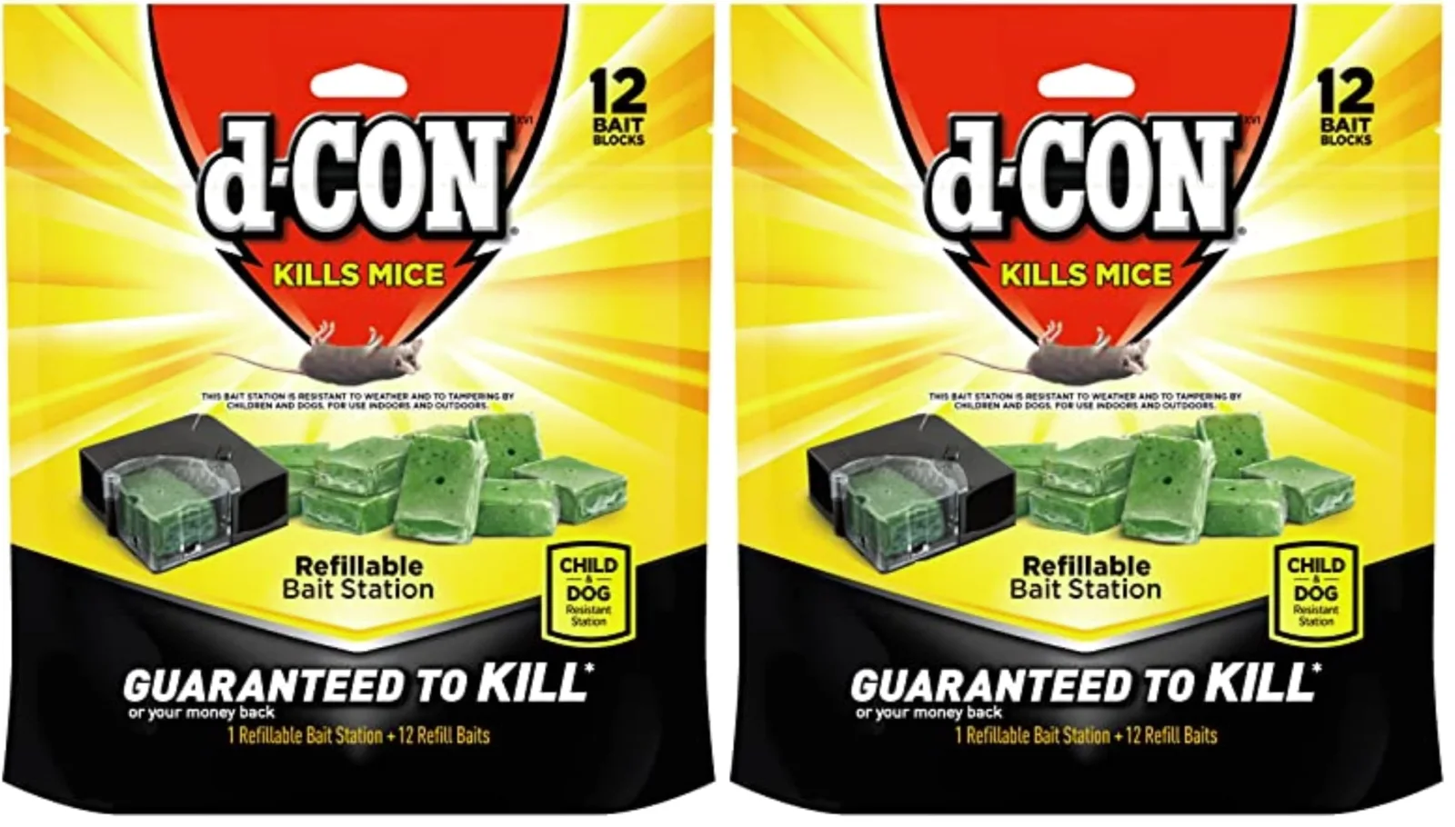 Two bags of the d-CON Refillable Corner Fit Mouse Bait Station, each with a station and a set of green refill blocks.